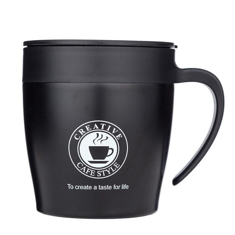 Taza de café ecológica de acero inoxidable de 330ml, taza con cuchara, taza que se agita sola, taza de café de viaje con aislamiento al vacío para oficina: Black