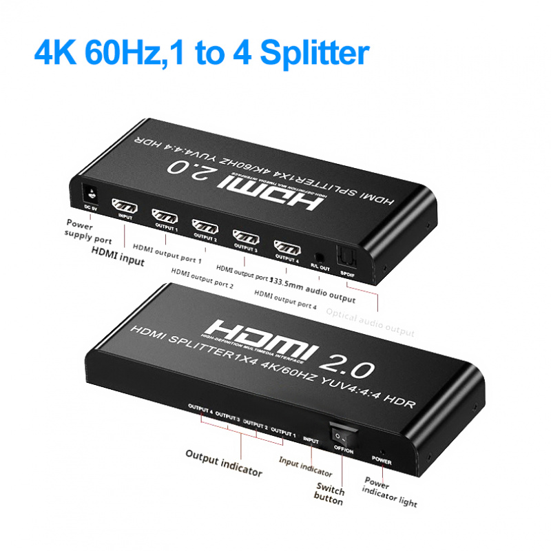 1 in 4 out HDMI Splitter 4K/2K/1080P,Video Divider, HD Video Screen Sharing Device