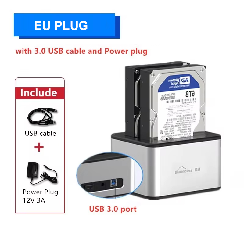 2.5/3.5 Inch SSD External Hard Drive Enclosure Dual-bay Hard Drive Docking Station SATA to USB 3.0 HDD Case 12V3A Power Adapter: Gold
