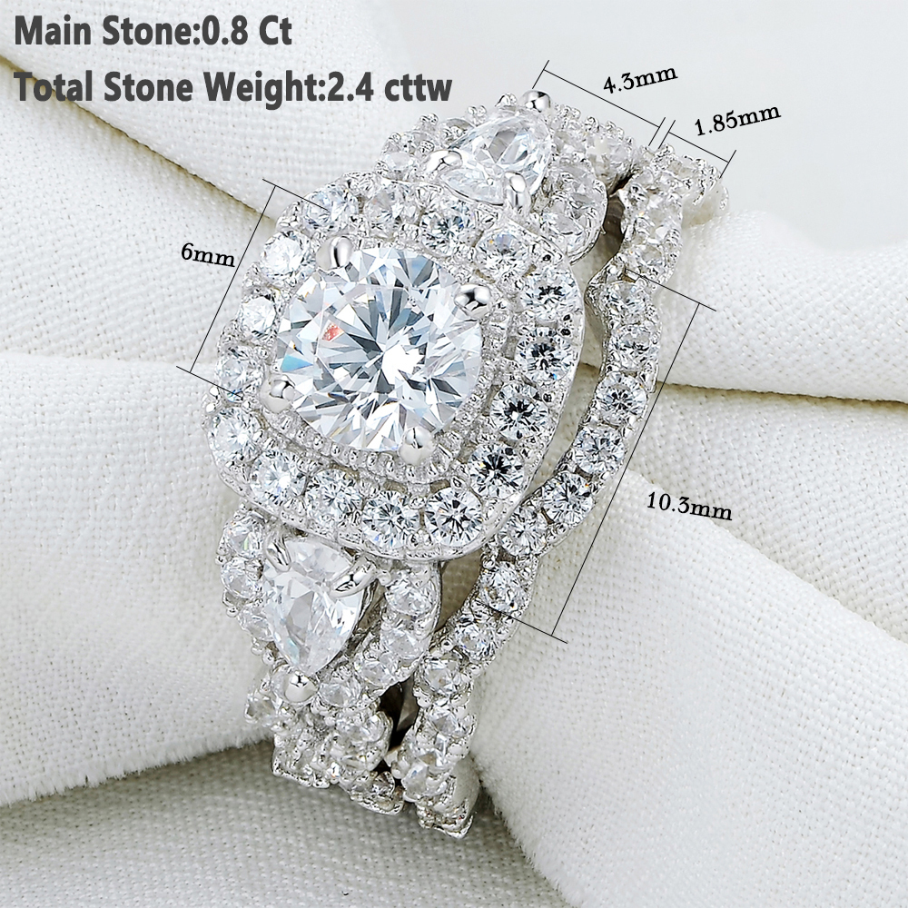 Newshe 2 sztuk pierścionek zaręczynowy ślub zestaw pierścieni dla kobiet 925 Sterling Silver 2.4Ct okrągły gruszka biały Cz rozmiar 4-13