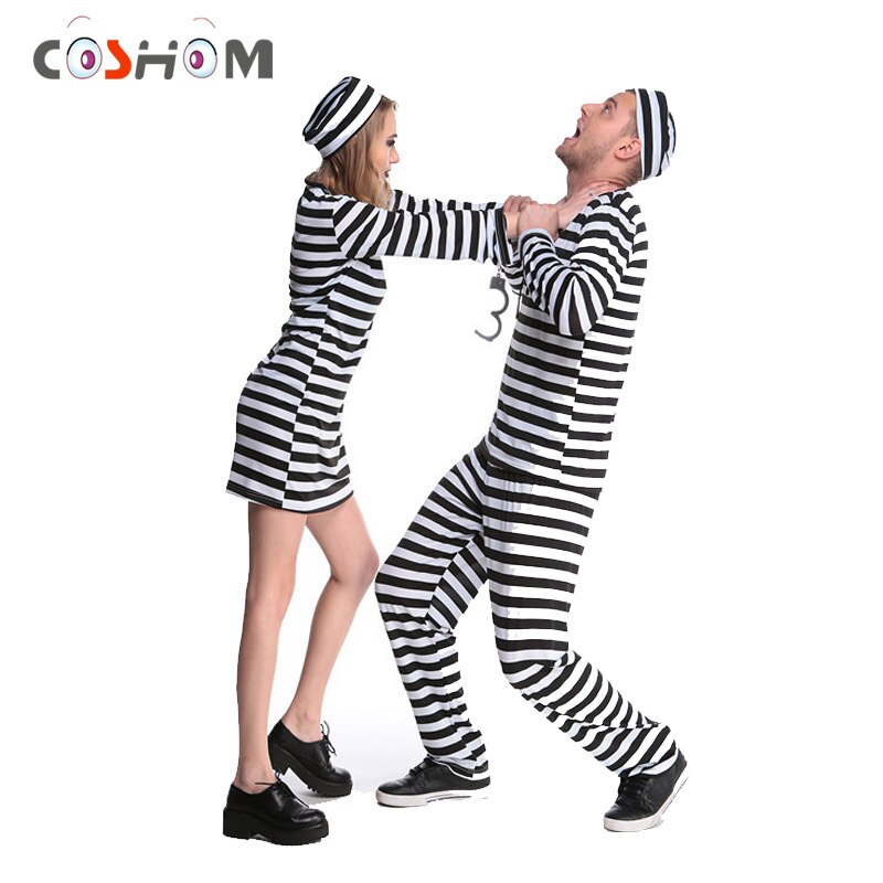 Coshome Gevangene Cosplay Kostuums Man Vrouwen Gevangenis Criminal Suits Jail Volwassen Zwart-wit Gestreepte Paar Kleding Met Hoeden