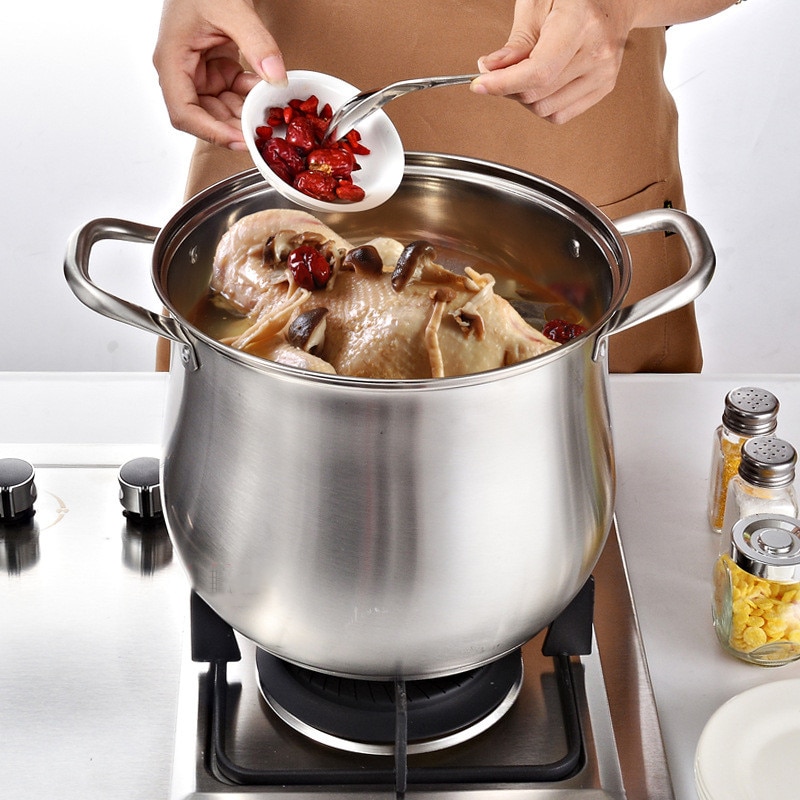 304 stainless steel soup pot stew overflow-proof double ear double bottom drum type extra-high multi-purpose pot kitchen tool