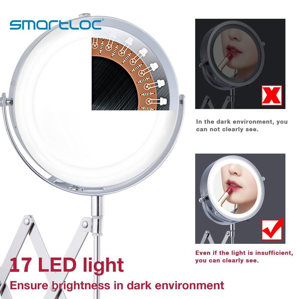 Smartloc braço de ferro estender fixado na parede 15cm 2 face 3x ampliação led luz espelho do banheiro vaidade pendurado espelhos redondos