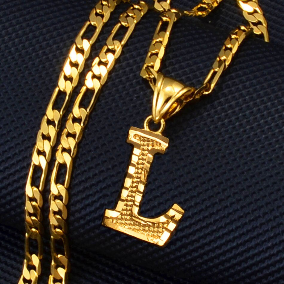 Anniyo A-Z Letters Pendant Necklaces for Women Men Girls English Initial Alphabet Figaro Chains Gold Color Jewelry #058002S