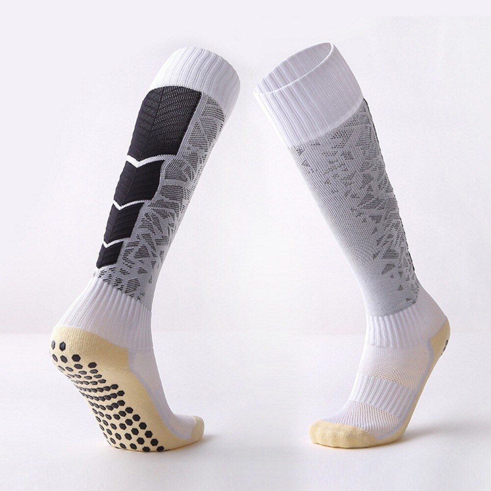 3 par / pakker unisex sportssokker med skridsikker åndbar komfortpude bomuld over knæ fodbold fodboldsokker sportstrømper: Hvid