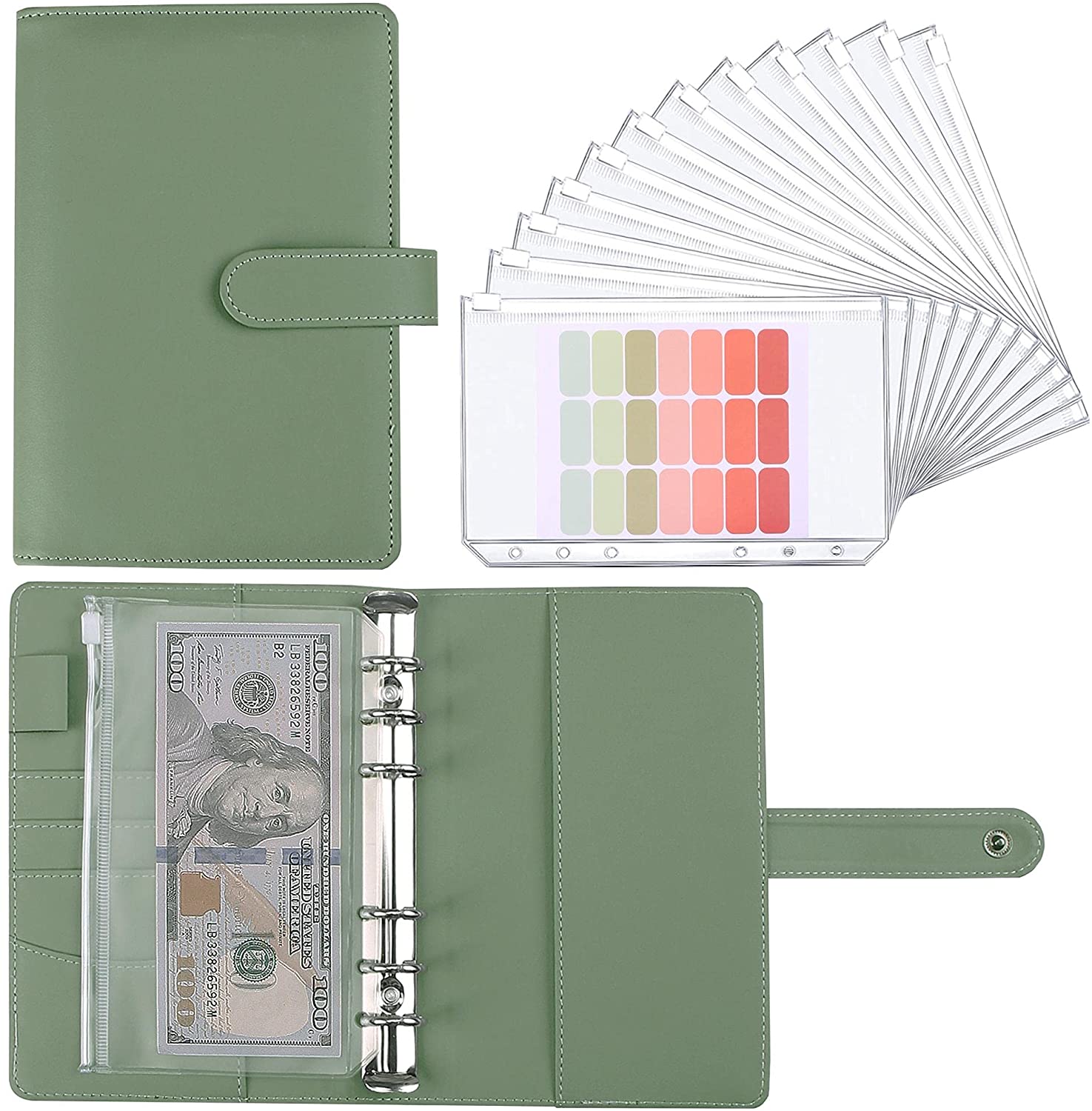 Classeur en cuir PU A5 A6, carnet de notes, planificateur de Budget, 6 anneaux de couverture, 12 poches de classeur, Agenda, nouveauté 2022: Green / A6