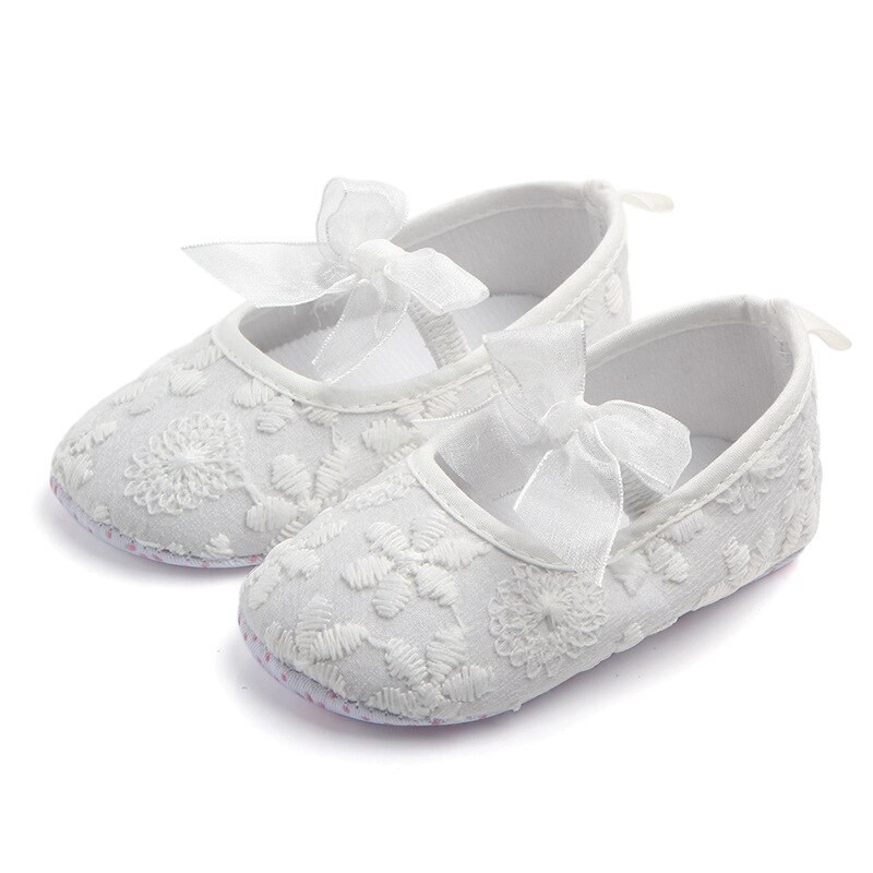 Cute Bows Baby Girl Shoes Lace Flower Soft Sole Newborn Baby First Walkers Shoes Girls Infant Toddler Crib Shoes Booties: White 12CM