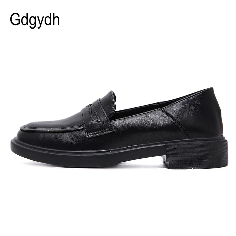 Gdgydh Round Toe Loafers Flats Shoes Woman Spring Summer Female Casual Shoes Black Leather PU Flat Heel
