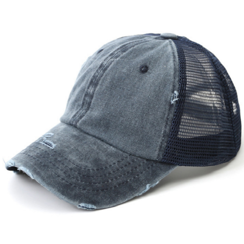 Mulheres Verão Chapéu Patchwork Angústia Messy Bun Rabo de Cavalo Chapéu Do Camionista da Malha Lavado Boné de Beisebol do Hip Hop Feminino Verão Chapéu Snapback: Azul marinho