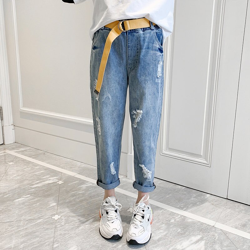 Children&#39;s Ripped Jeans for Girls Kids Casual Denim Trousers with Belt Teen Girl Pants For Age 4 5 7 9 11 13 Years