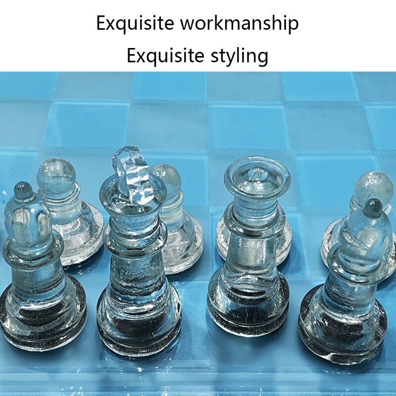 Exquisite Glass Chess Game Set, Solid Glass Chess Pieces and Crystal Mirror Chess Board for Young Adults