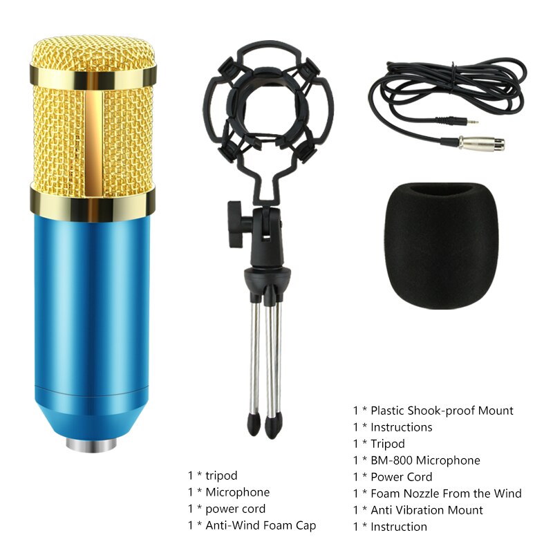 BM 800 Microphone Condenser Sound Recording Microphone With Shock Mount For Radio Braodcasting Singing Recording KTV Karaoke Mic: blue  with tripod