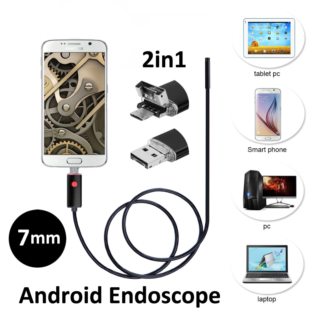 7mm 2in1 Android USB Endoscope Camera 2M 5M Smart Android Phone OTG USB Borescope Snake Tube Inspection Camera 6PC LED