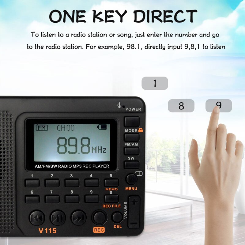 Retekess V115 FM/AM/SW Radio receptor de sonido de Bajo MP3 jugador REC grabadora de Radio portátil con temporizador de sueño tarjeta TF portátil de bolsillo