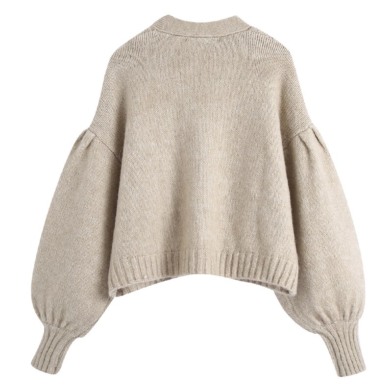 Pull ample à col en v pour femme, cardigan à poches, manches lanternes, pull court, pour femme