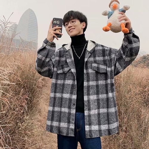 Rutiga jackor män vinter tjock bas lös koreansk retro streetwear ytterkläder sömnad hatt herr lapptäcke enkel daglig jacka: Grå / L