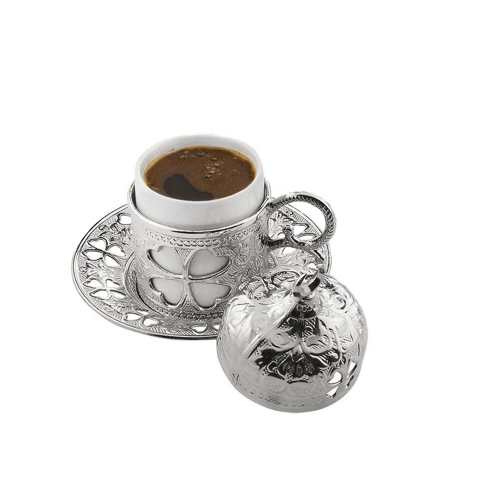 Autentisk tyrkisk kaffe espresso sæt sæt kløver mønster kaffegrej arabisk kaffekop sæt te kop sæt grækenland kaffesæt: Sølv kaffekop