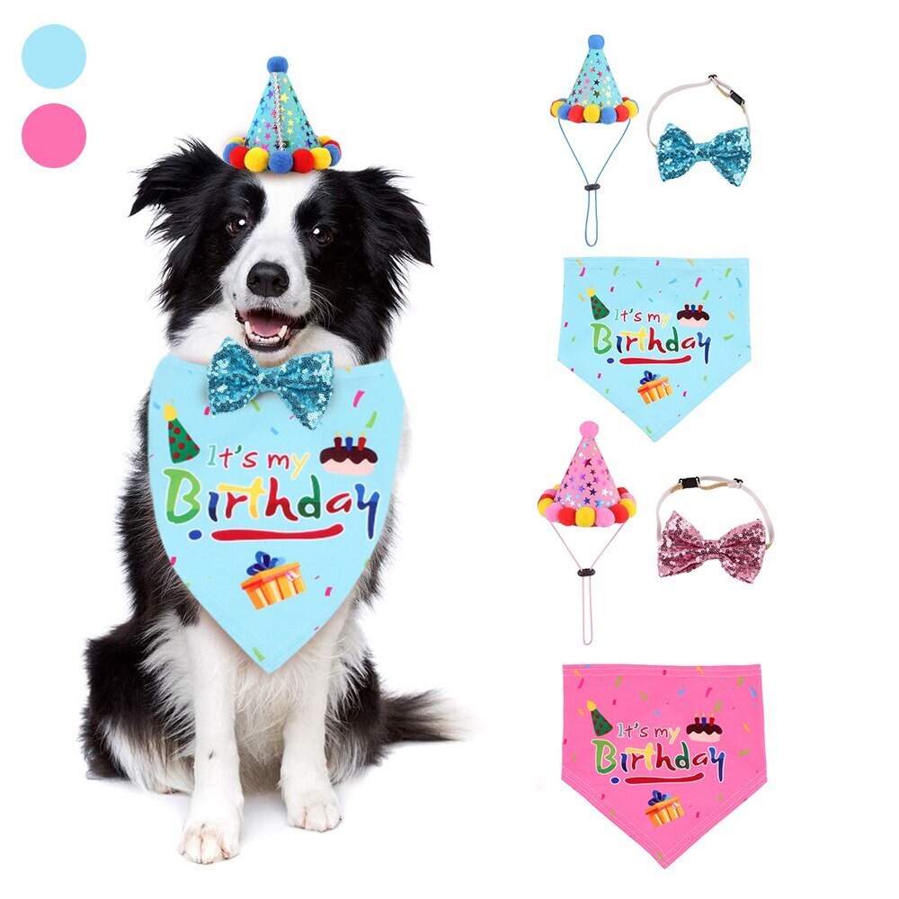 3 pçs cão gato animal de estimação aniversário decoração kit cão aniversário bandana scarfs festa de aniversário chapéu colar engraçado bonito presente de natal