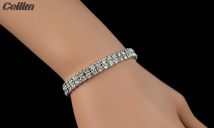 1 To 8 Rows Full Crystal Rhinestone Elastic Bracelet Silver Color Bangle Bling Wristband Women Wedding Bridal Jewelry