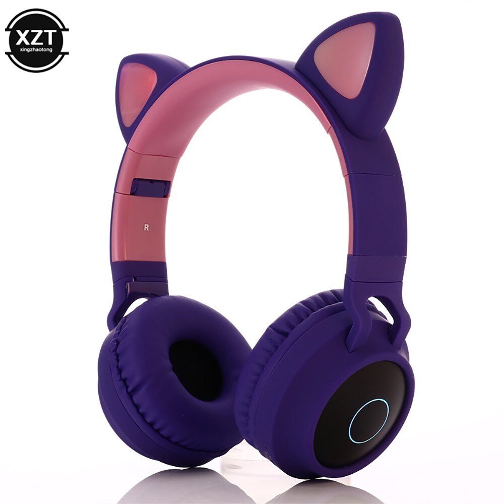 Auriculares estéreo con Bluetooth 5,0 y luz LED, bonito de gatos, auriculares Hifi inalámbricos para música, cascos estéreo con graves para teléfonos móviles y niñas, soporta tarjeta TF: E