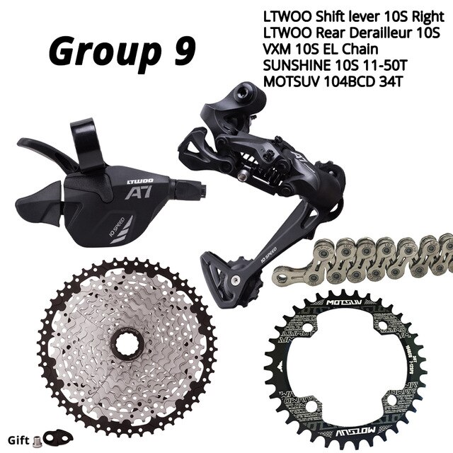 LTWOO A7 1X10S Groupset 10 speed shift lever derailleur SUNSHINE cassette 42T 46T 50T VXM Chain MOTSUV Chainring 32T 34T 36T 38T: 104BCD-34T 11-50T
