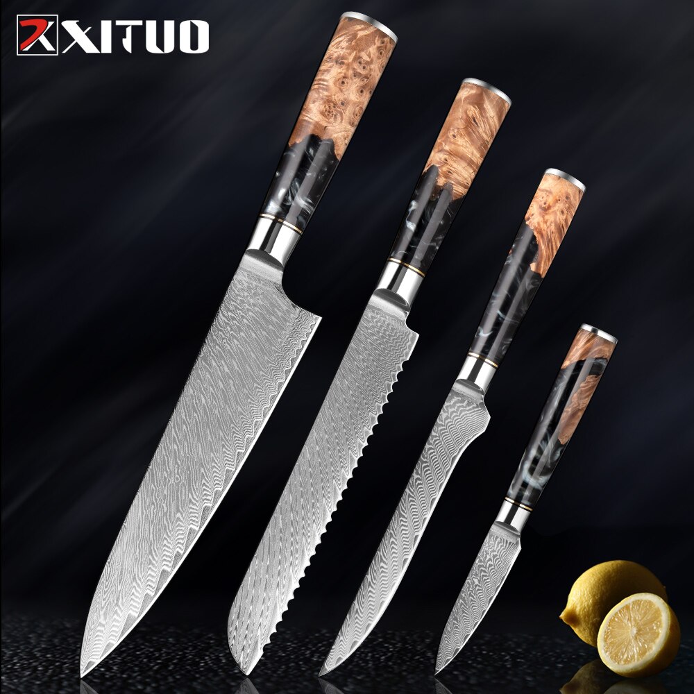 XITUO – ensemble de couteaux de cuisine en acier damas, couteau de chef japonais, couperet à pain utilitaire en résine et manche en bois stabilisé