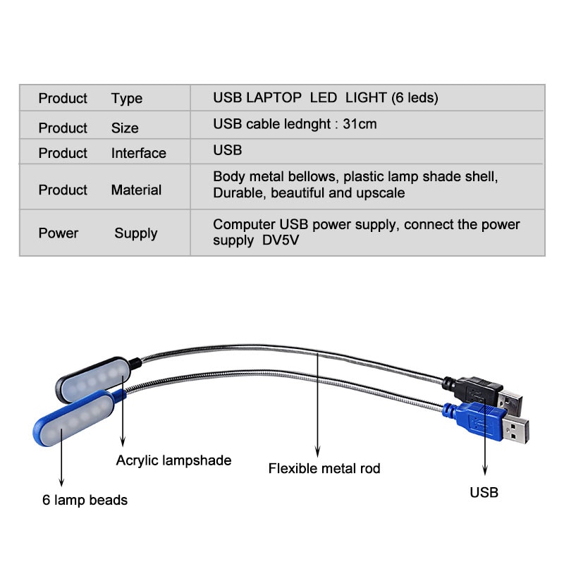 Bærbar usb ledet mini boklys leselys bordlampe fleksibel 6 ledet usb-lampe til powerbank laptop notisbok hjemmedekorasjon