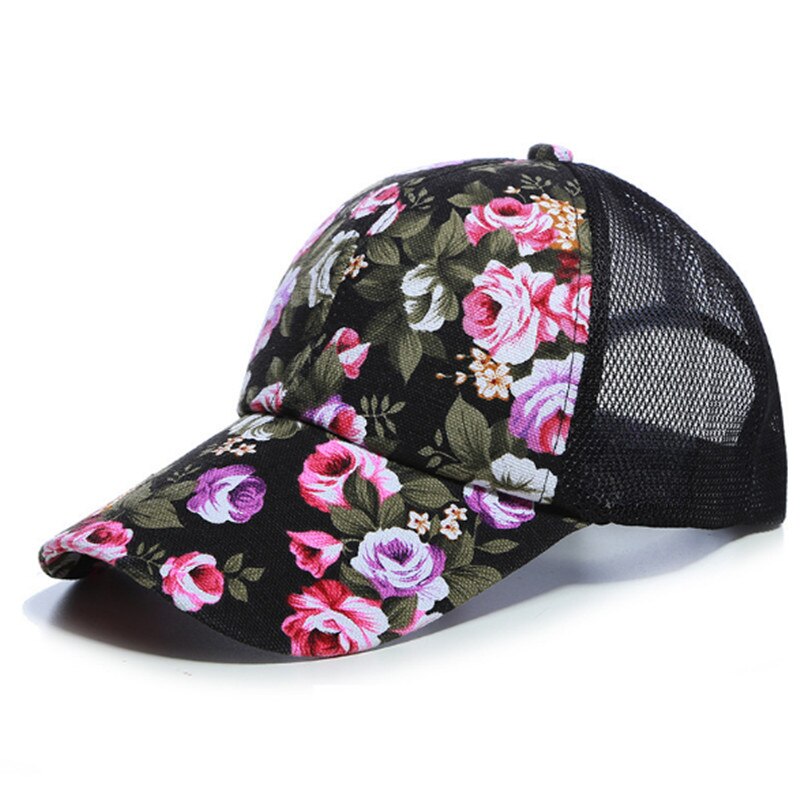 Boné ajustável com estampagem de flores para mulheres, chapéu de sol selvagem casual para meninas, snapback respirável, malha ajustável, simples e multicolorido, verão 2021