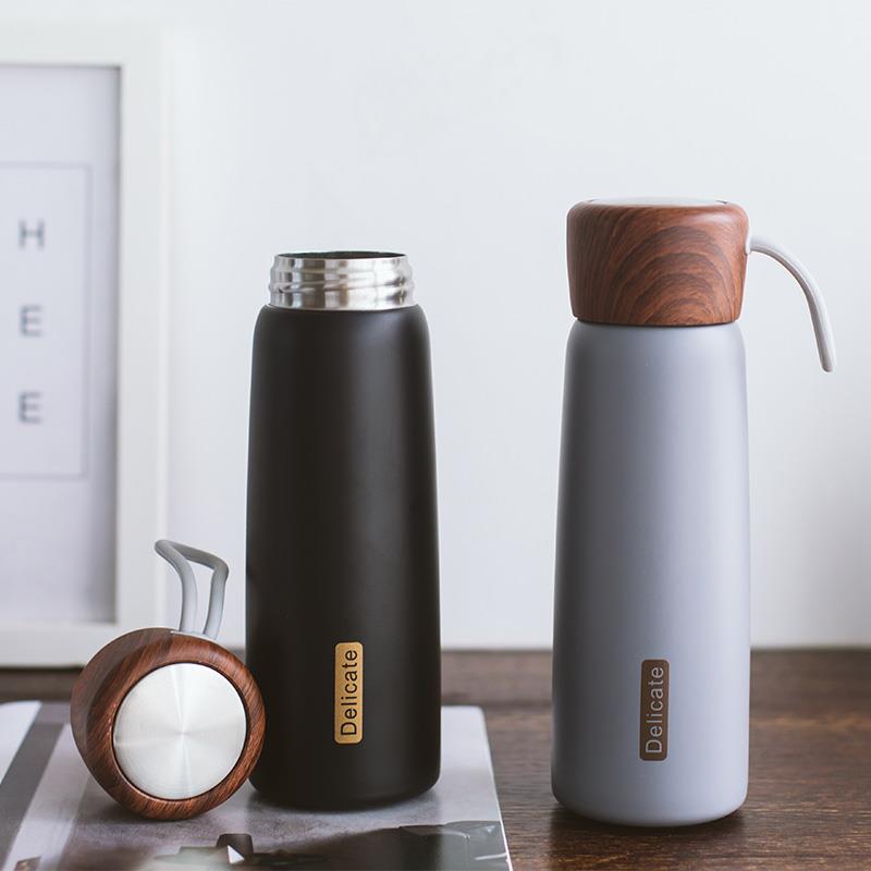 Termo de acero inoxidable 500 para exteriores, botella de agua de 304 ml, sin Bpa, con tapa de madera y cuerda portátil, para leche y té