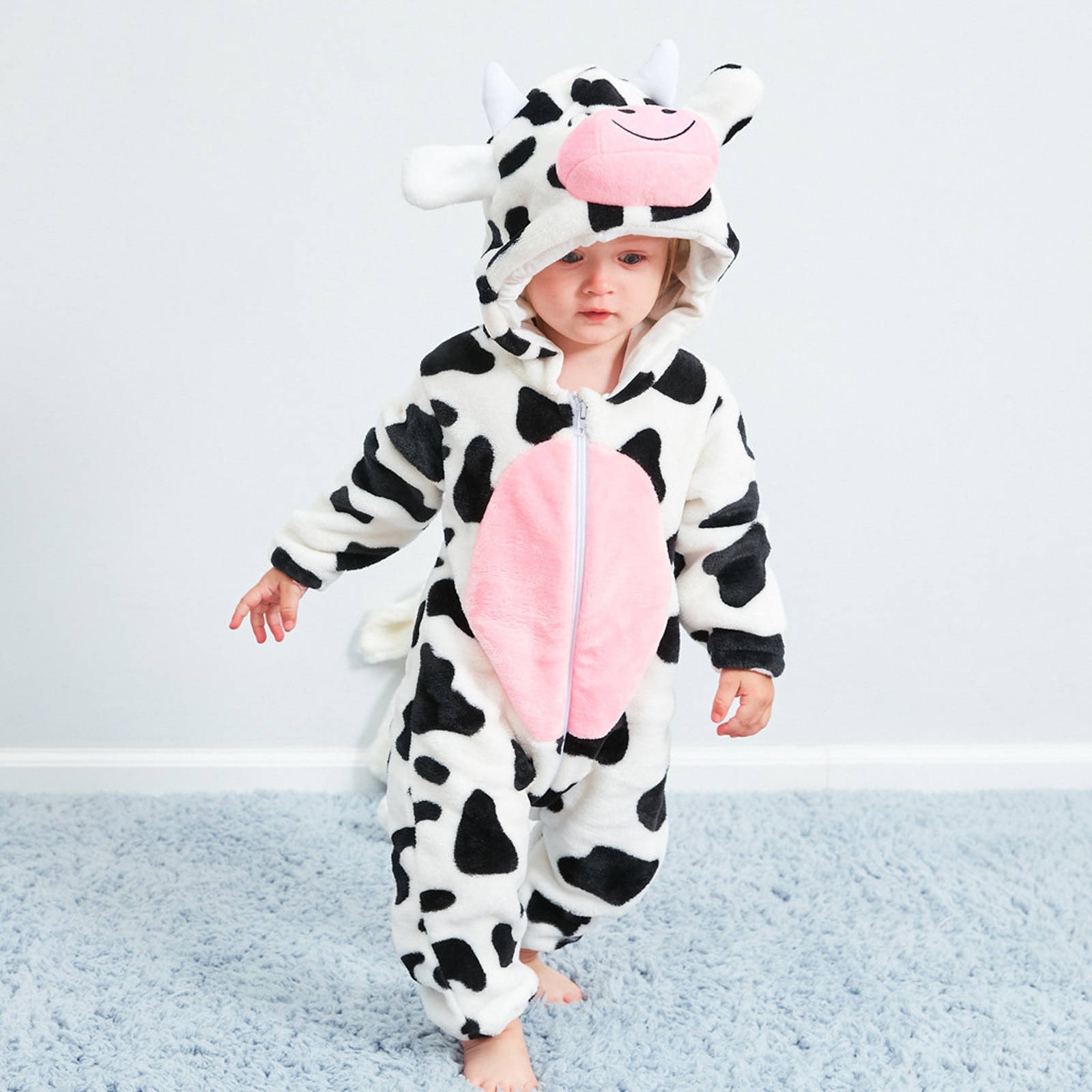 Baby Jongen Meisje Kleding Set Baby Baby Flanel Cartoon Vlekken Koe Print Hooded Romper Jumpsuit Sets