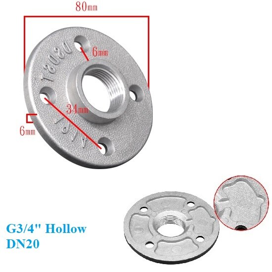 24Pcs Casted Aluminum Alloy Flange Base Pipe Thread Decorative Fittings Floor Wall Solid Hollow Back Loft Style: DN20  Hollow