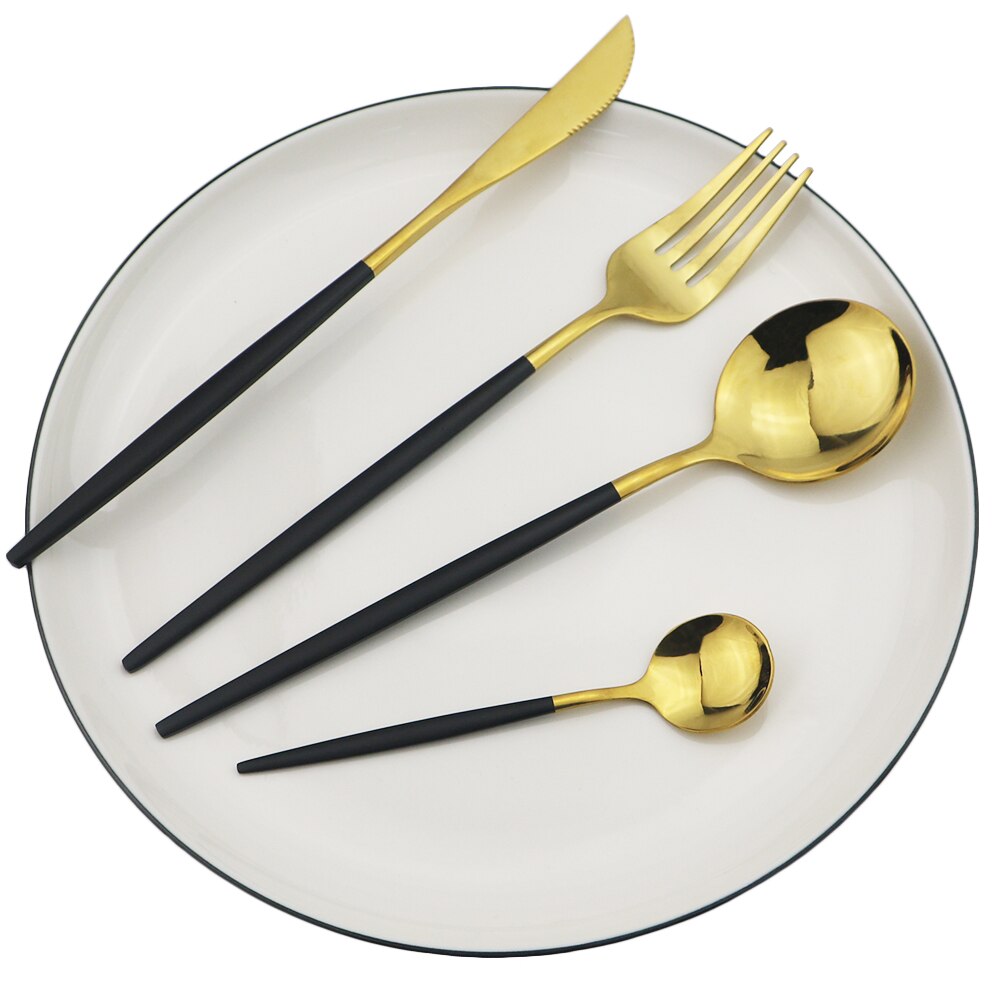 Silver Cutlery Set Stainless Steel Dinnerware Set Knife Dessert Fork Coffee Spoon Dinner Set Kitchen Tableware Silverware Set: 4Pcs Black Gold