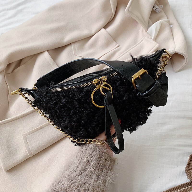 Dames kleine borsttas zachte pluche dames handtas ketting schoudertas messenger bag: Zwart