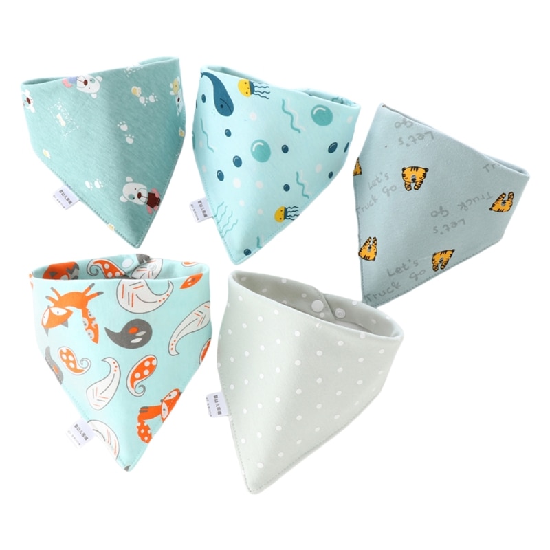 5 Pcs/Pack Baby Cotton Feeding Bibs Cartoon Print Bandana Saliva Triangle Dribble Towel Apron Infant Scarf