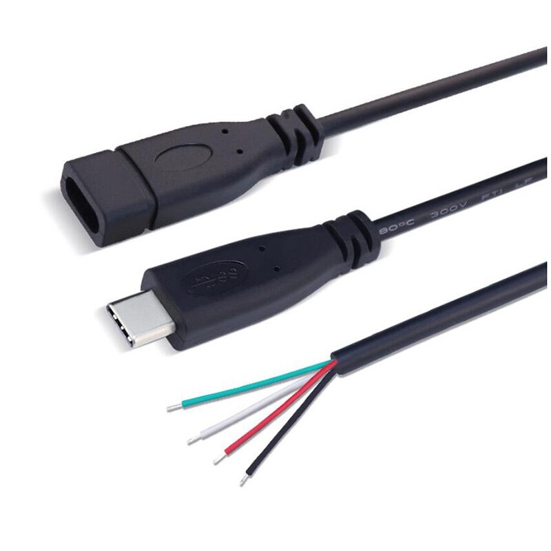 Connecteur de chargeur de câble USB 2.0 Type C mâle/femelle, 25cm, 2 broches, 4 broches, Extension de prise à souder, Type USB-C, pour bricolage, réparation, 1 pièce