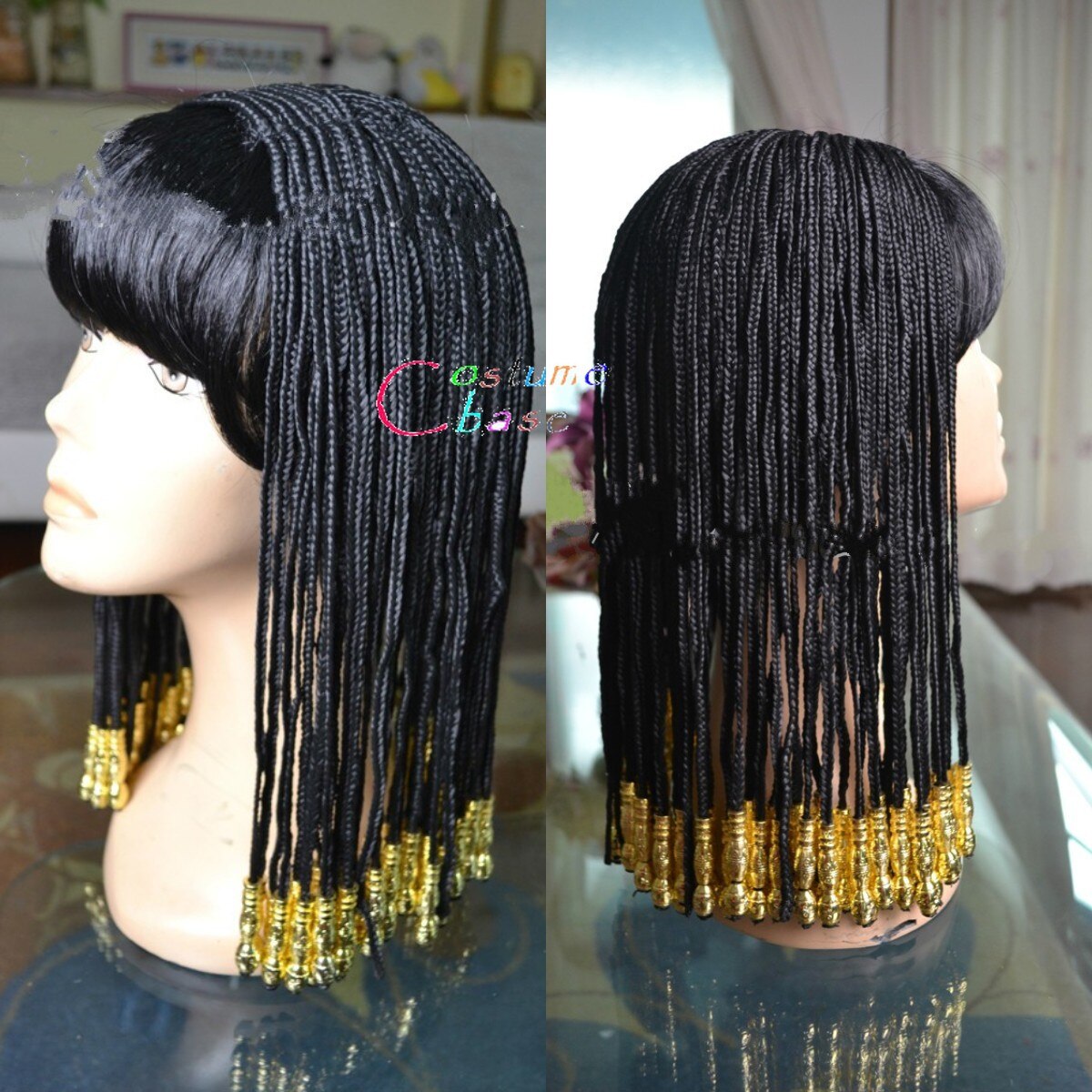 Cleopatra egipcio negro trenza cabeza resistente al calor pelo sintético Noche de Brujas carnaval Cosplay + gorra de peluca gratis