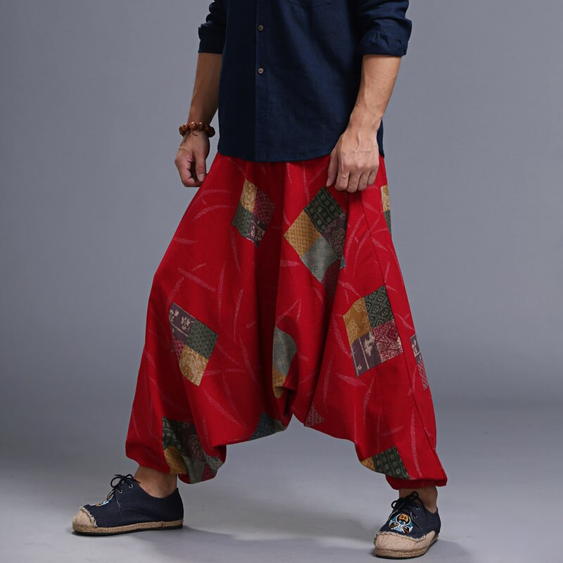 Plus koko miesten haaremihousut hiphop löysät leveät lahkeet housut puuvilla pellava iso haara lenkkeilijät boho tanssihousut nepal style: Punainen