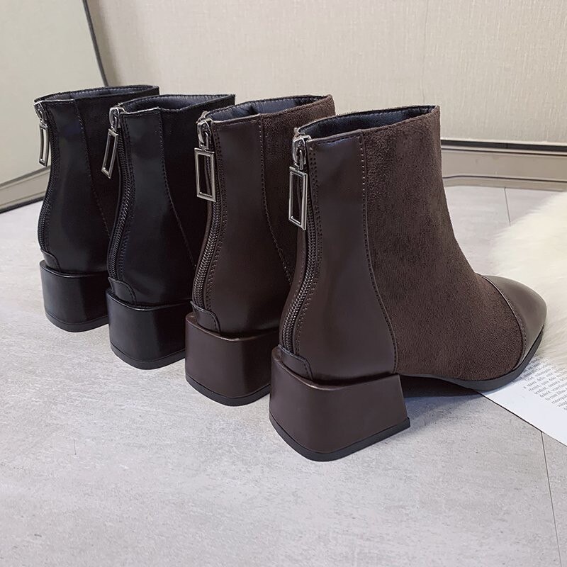 Kvinner ankelstøvletter dame semsket skinn glidelås firkantet tå pu lær hælsko kvinner chunky kvinnelige chelsea boots