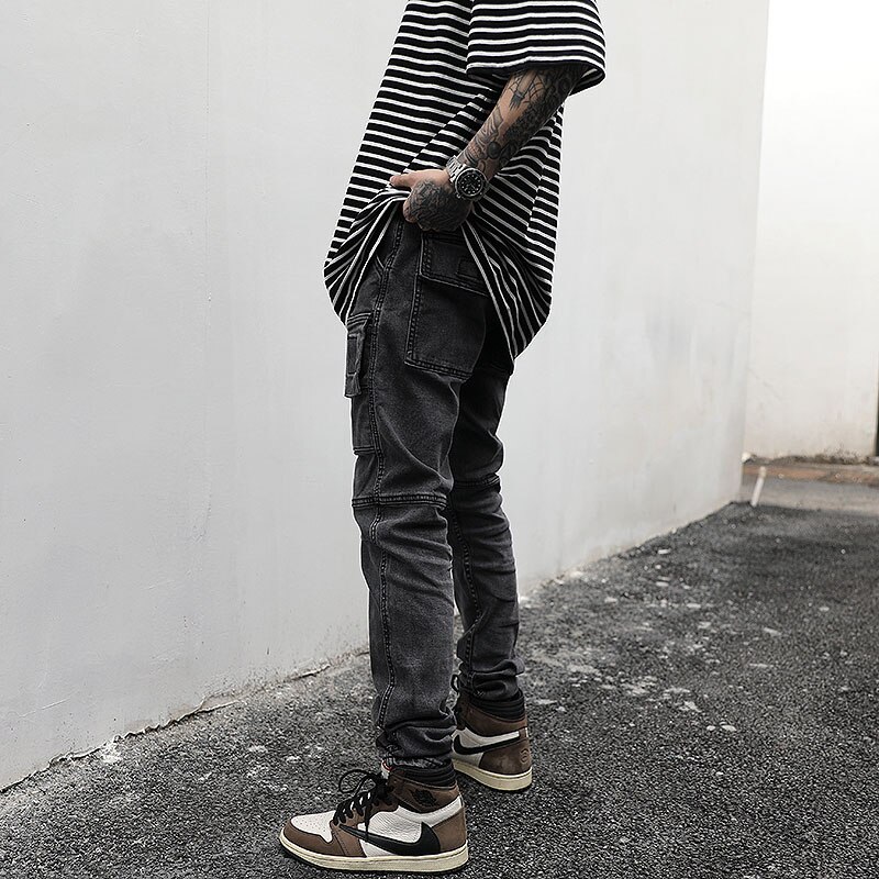 Harajuku hoch Straße Schwarz Grau strecken Jeans Männlichen retro Gewaschen Multi-tasche Denim Hosen Hüfte hüpfen Zerrissene Jeans Hosen Overall