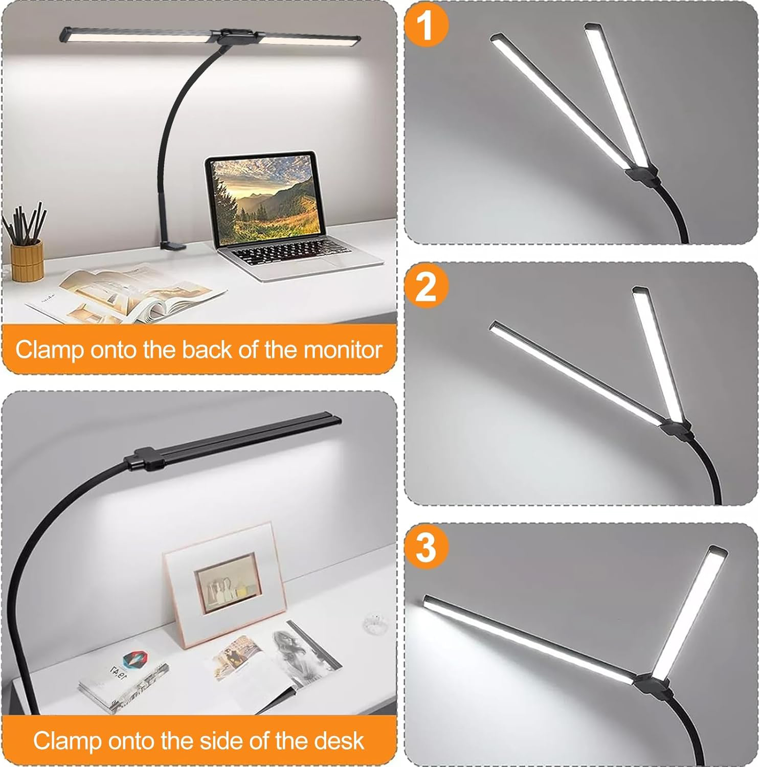 Home Office LED-bureaulamp met clip op dubbele kop Computermonitor Verstelbare en flexibele clip-on lamp met zwanenhalsontwerp