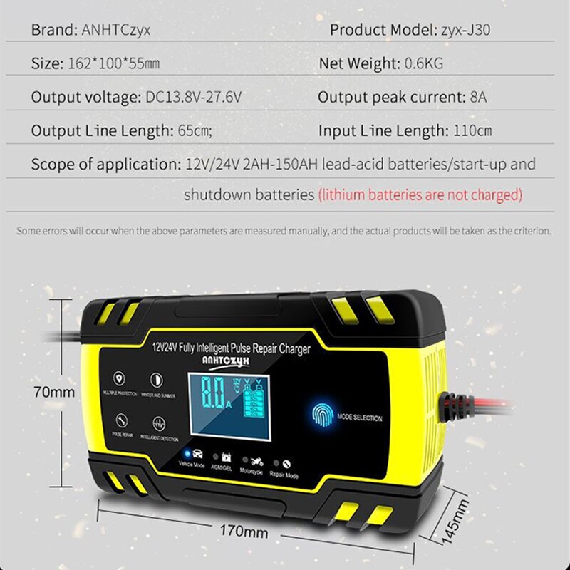 Car Battery Charger Auto 12/24V 8A Smart Full Automatic Soft Starter Acid Battery Chargers Digital LCD Display Start-Up For Car