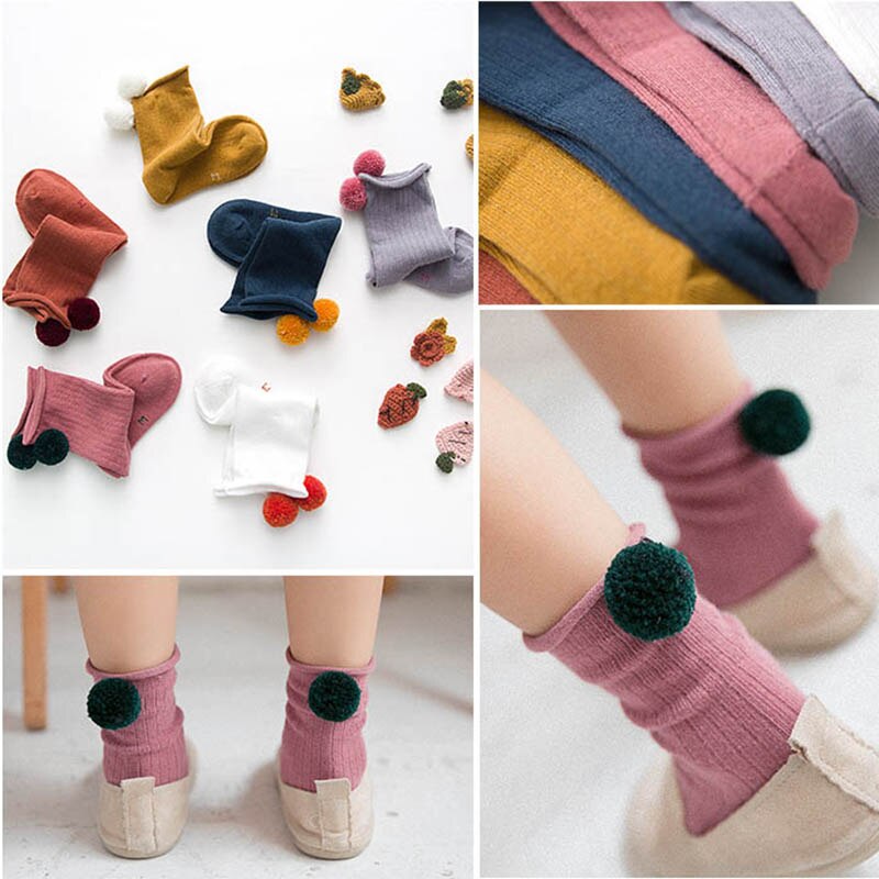 Leuke Pompom Kids Baby Sokken Cotton Baby Baby Meisje Sokken Kinderen Peuter Knie Hoge Vloer Sokken Sokken Meia Infantil Calcetines