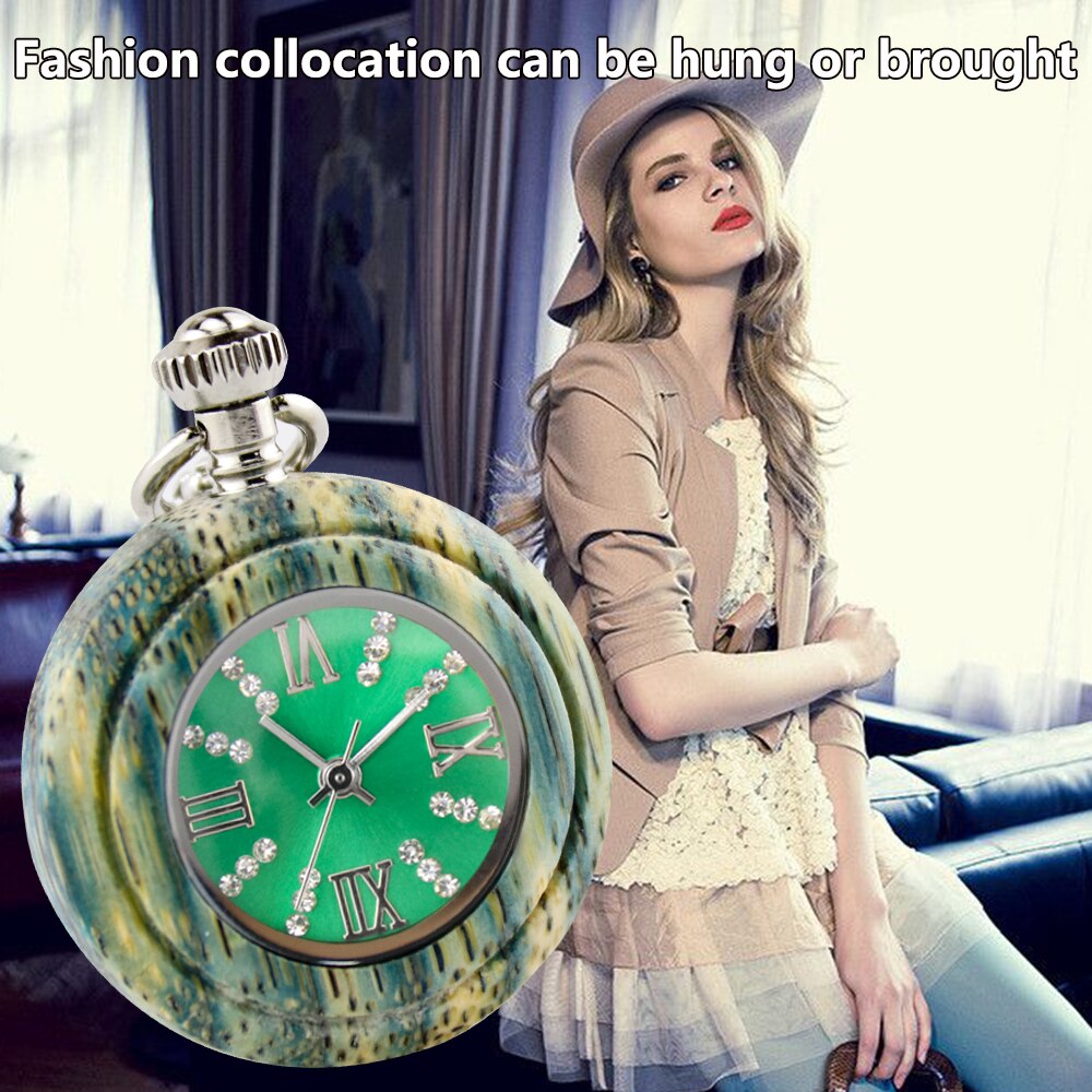 Novel Colorful Bamboo Wood Quartz Pocket Watch Arabic Numerals Round Dial Wooden Pendant Pocket Clock Men Women with Chain