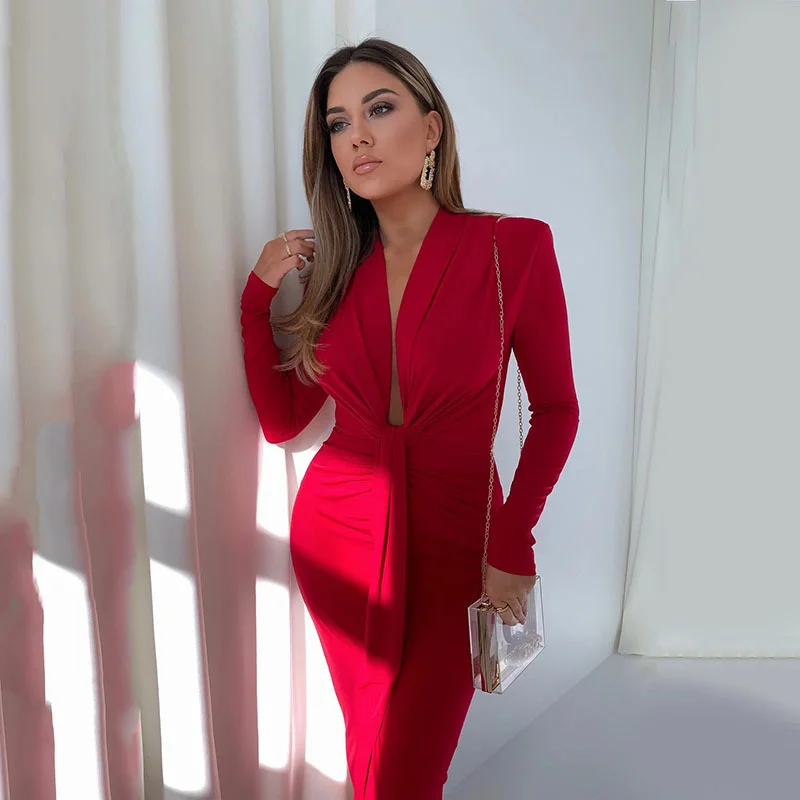 Hvid høj stretch sexet kjole kvinder plisseret dyb v bodycon midi efterårskjole festkjoler vestidos: L / Rød