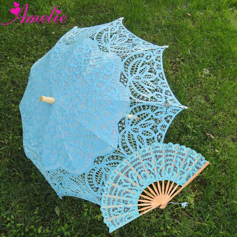 Handgemachte Braut Battenburg Spitze Sonnenschirm und Fan einstellen Hochzeit Braut Regenschirm: A0104 Türkis Blau
