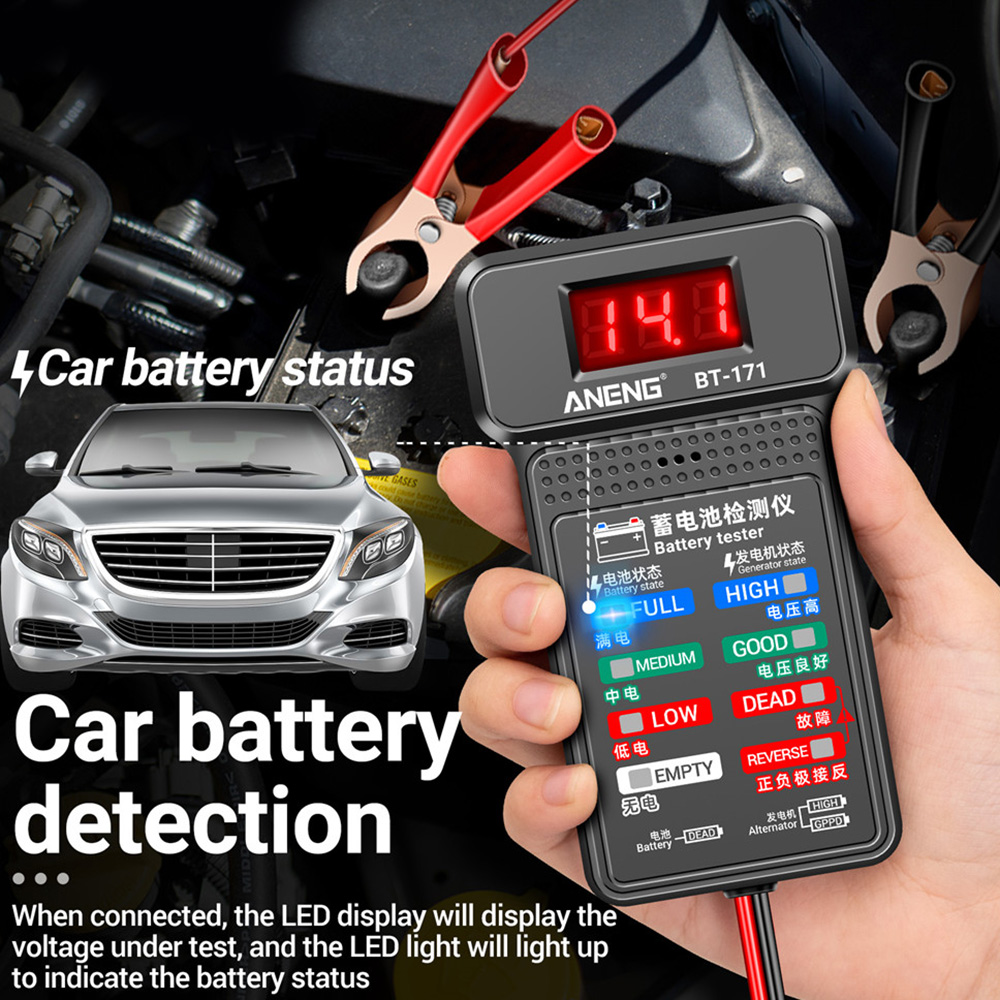 Probadores de batería multifuncionales BT-171, 12V, detección industrial de reparación de automóviles con pantalla LED de visualización inversa, diagnóstico de electricista