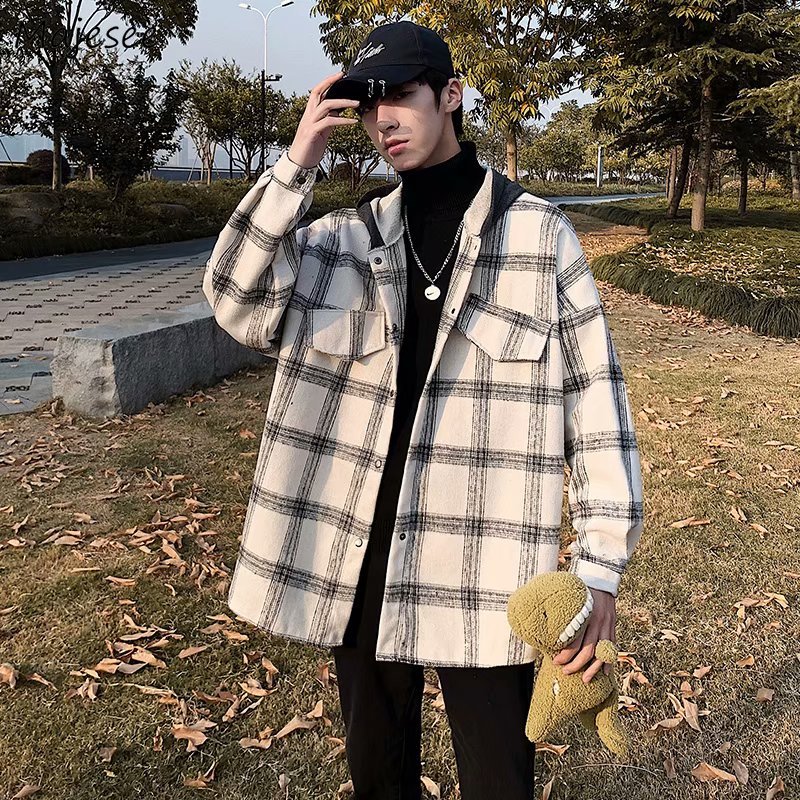 Rutiga jackor män vinter tjock bas lös koreansk retro streetwear ytterkläder sömnad hatt herr lapptäcke enkel daglig jacka