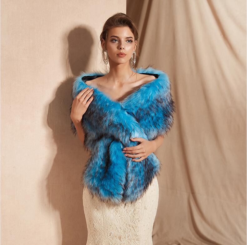 JaneVini bleu Royal hiver fausse Fourrure châle enveloppe de mariée cape femmes boléro Fourrure haussement d'épaules vêtements d'extérieur chauds accessoires de mariage: Photo Color 1