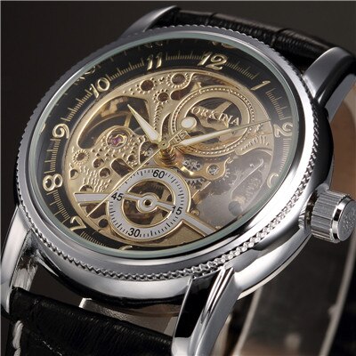 Mænds armbåndsure luksus gyldent skelet mekanisk steampunk mandligt ur automatisk armbåndsur læderrem herren horloges: Sølv sort
