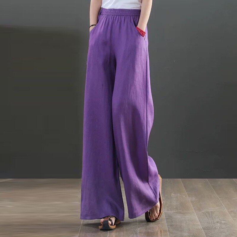 Pantaloni larghi in vita elastica in lino pantaloni Casual da donna in tinta unita allentati letterari 2022 pantaloni estivi Kung Fu di nuovo stile: Color3 / XL